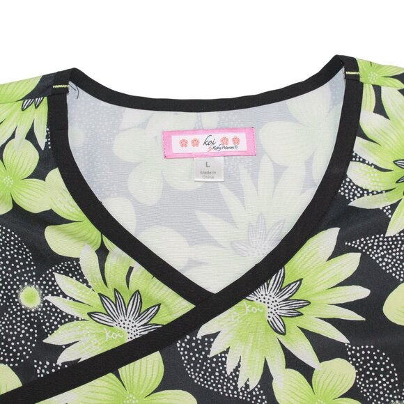 Koi Womens Large Medical EMS Vet Nurse Scrub Top Green Floral Stretch Breathable - Picture 5 of 11
